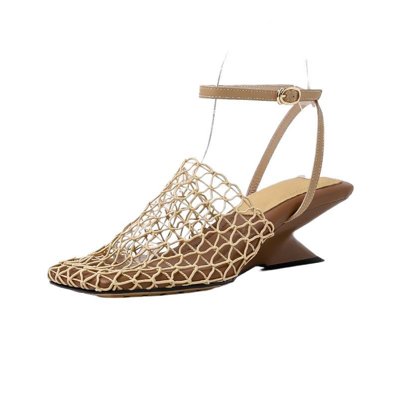 

Summer Square Toe Mesh Sandals Lace Shallow Narrow Strap Slip-on High Heels Sandals Sandalias De Verano Para Mujer 40 абрикосовий