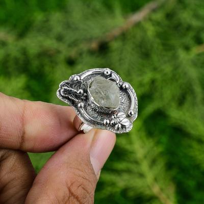 Wedding Gift For Her 925 Silver Natural Prehnite Rough Statement Adjustable Ring