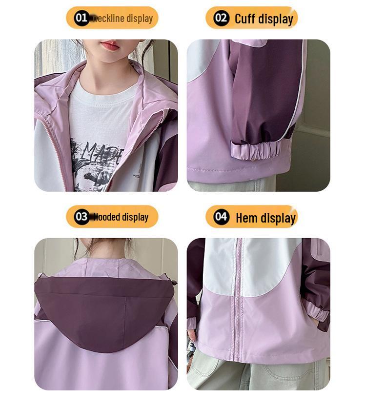 Girls' Color Block Hooded Windbreaker - Spring/Autumn 2025 Casual Sports Jacket for Big Kids