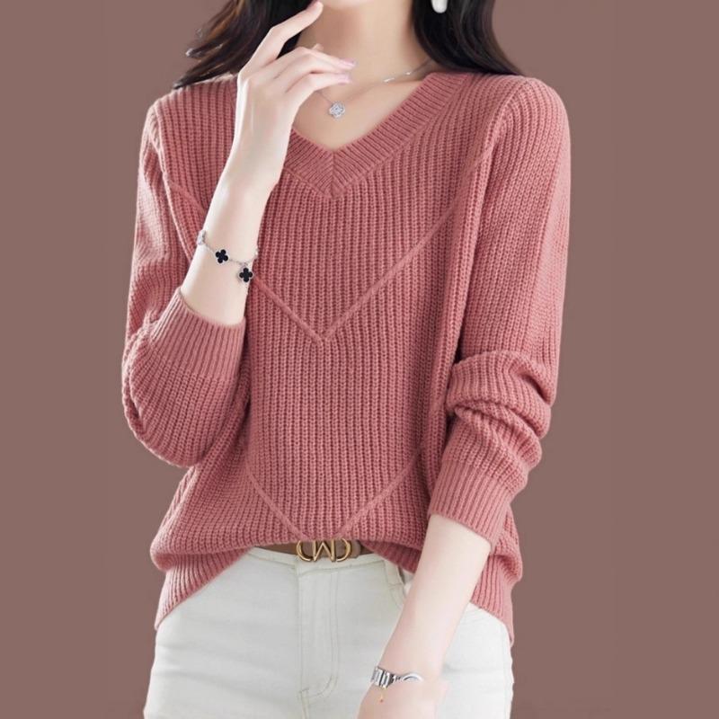 Autumn Winter V-neck Loose Casual Simple Fashion Pullover Sweater Women Solid Color All-match Knitting Top