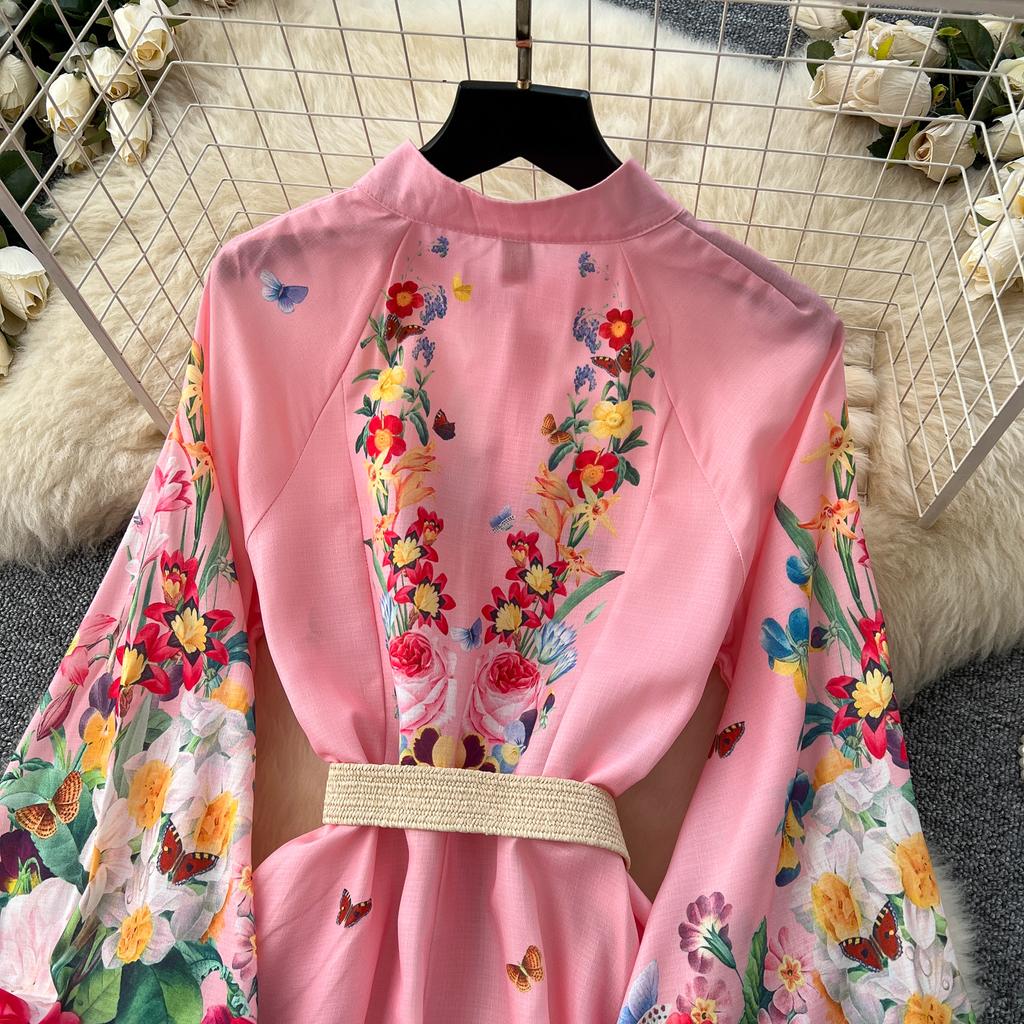 Spring Autumn Women Plus Size Print Single Breasted Long Maxi Seaside Holiday Beach Dresses with Belt