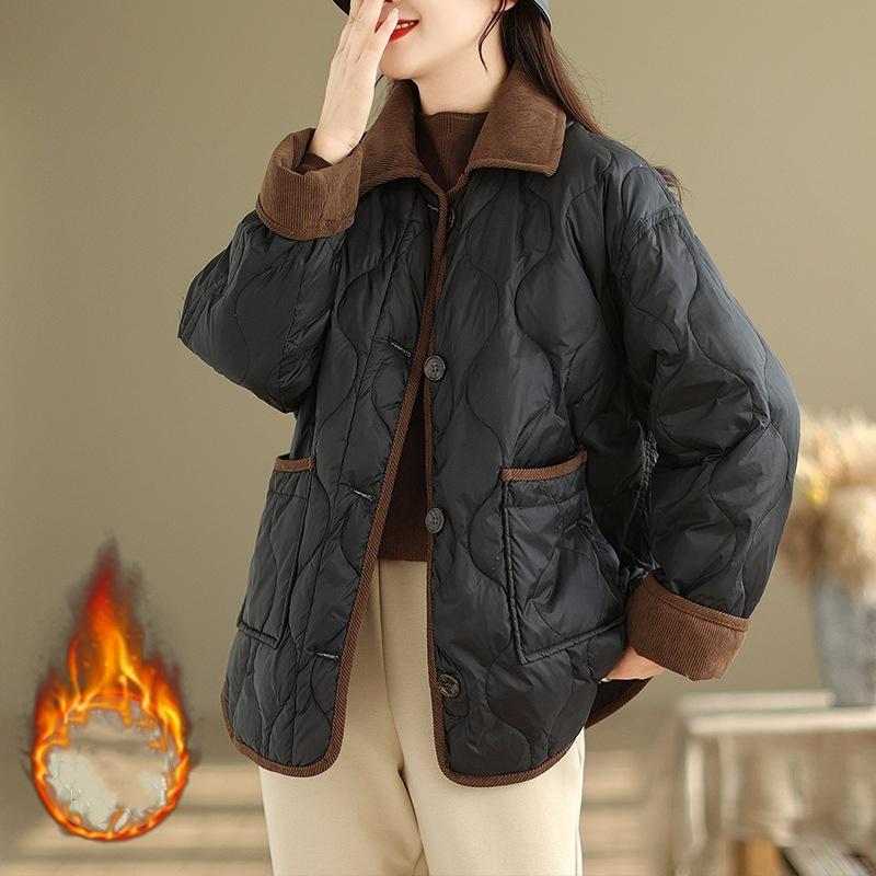 Autumn and Winter Cotton-padded Jacket Lapel Rhombic Contrast Color Loose and Thin Thick Warm Long-sleeved Cotton-padded Jacket Women's Clothing