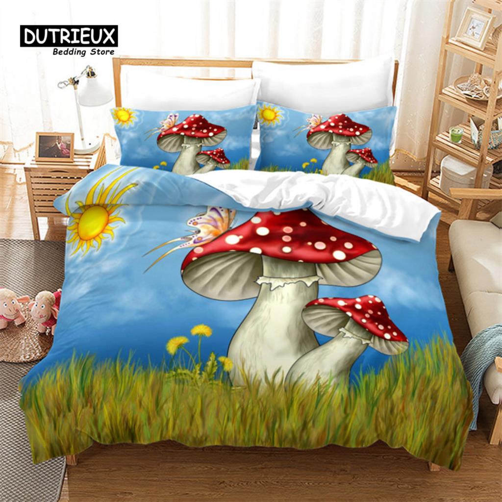Svamp Påslakan Färgglatt Sött Tecknat Sängklädesset Twin Full King För Tonårspojkar Flicka Barn Kawaii Botanisk Växt Quiltöverdrag