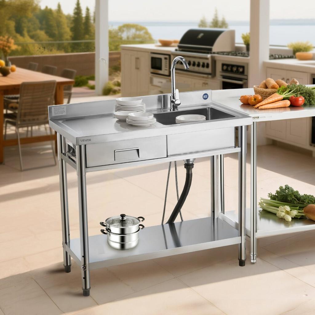 Stainless Steel Utility Sink, Free Standing Single Bowl Commercial Kitchen Sink with Drawer, Faucet and Hot & Cold Water Pipe, Utility Basin for