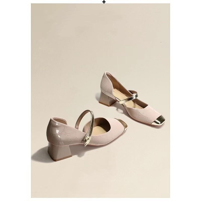Romantic Single Shoes Women Square Head Chunky Heeled High Heels Pink Mary Jane Shoes Middle Heeled Shoes
