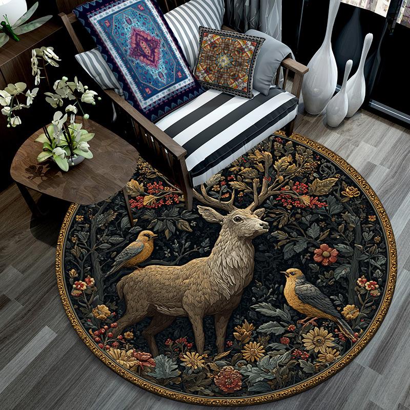 Deer in the Garden Round Area Rug,Carpet Rug for Living Room Bedroom Sofa Playroom Decor,Non-slip Floor Mat