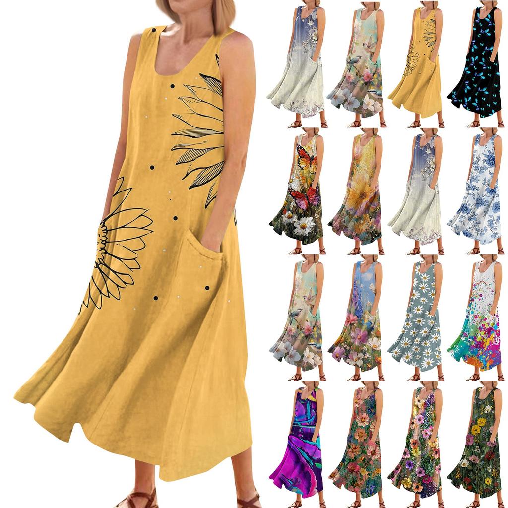 Women's Casual Fashion Flower Printed Sleeveless Pocket Dress