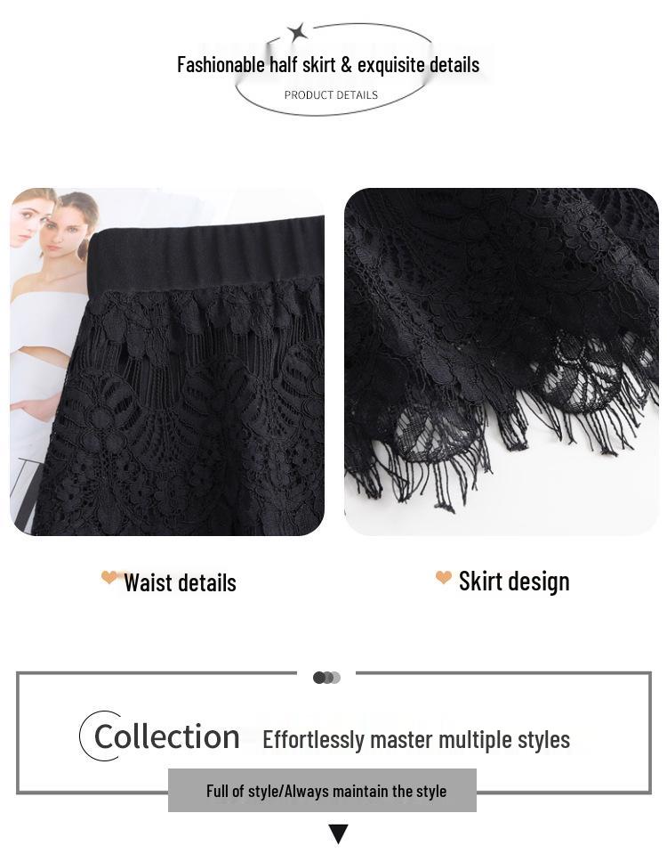 2026 Spring/Summer Black Lace Korean Style Slim Midi A-line Skirt