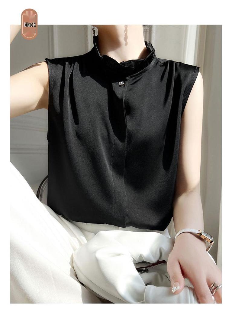 Silky Lotus Leaf Lace Collar Sleeveless Top for Women - Spring/Summer Fashion Layering Essential