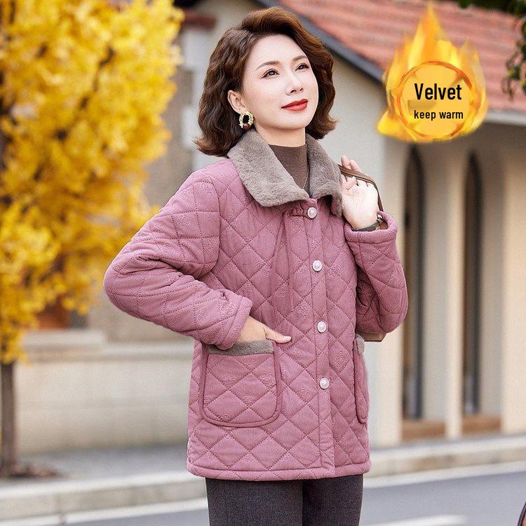 New Style Velvet-Lined Autumn/Winter Cotton Jacket for Middle-Aged Women (40s-50s)