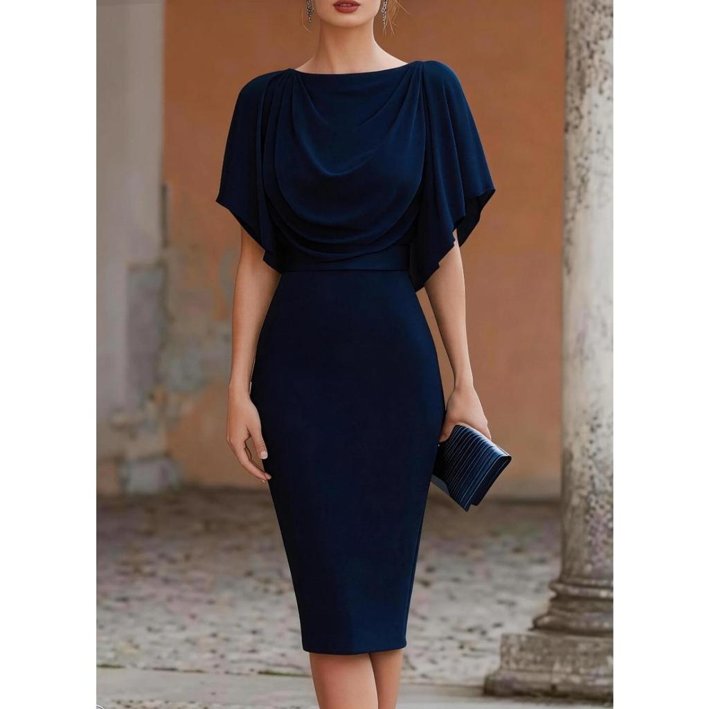 Abito Elegante Drapé al Collo a Tubino per Donna 2026, Manica a Pipistrello Vestito Midi a Matita Slim Fit, per Feste Cocktail e Ufficio