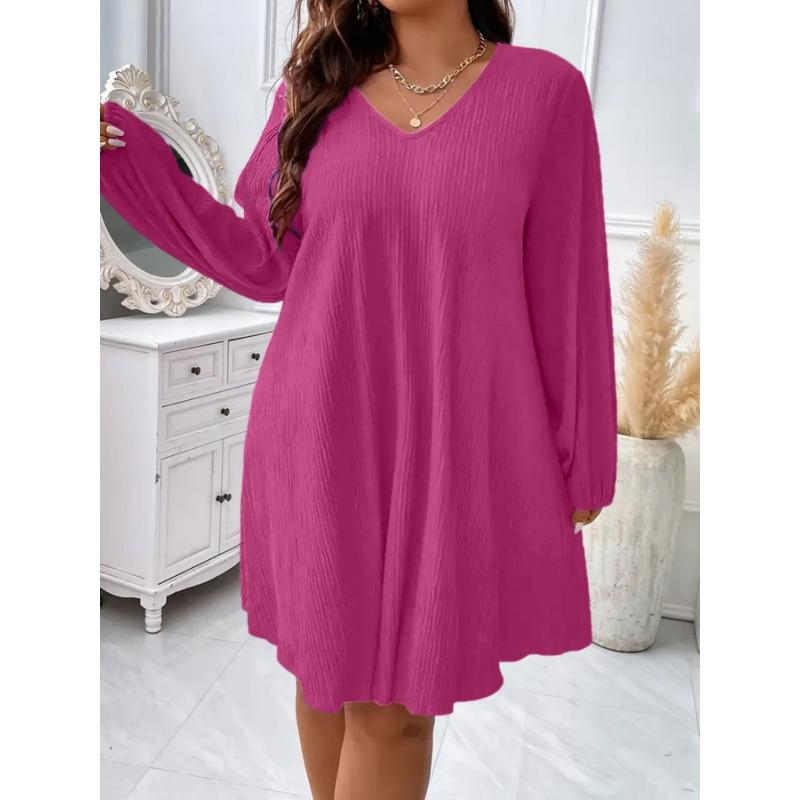 Women Fashion V Neck Long Sleeve Loose Plus Size Midi Dress