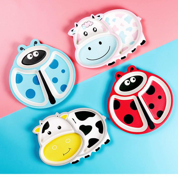 5-Piece Bamboo Fiber Children's Tableware Set: Cow & Ladybug Design with Plate, Bowl, Fork, and Spoon.