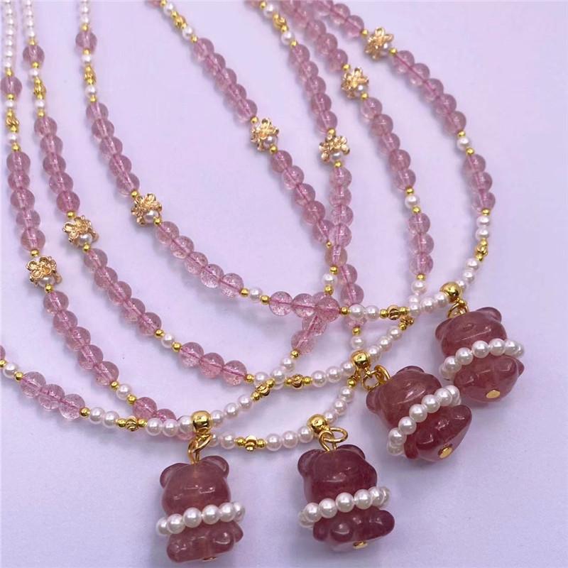 Natural strawberry crystal rose necklace fashionable bear women's delicate Hanfu accessories must-have