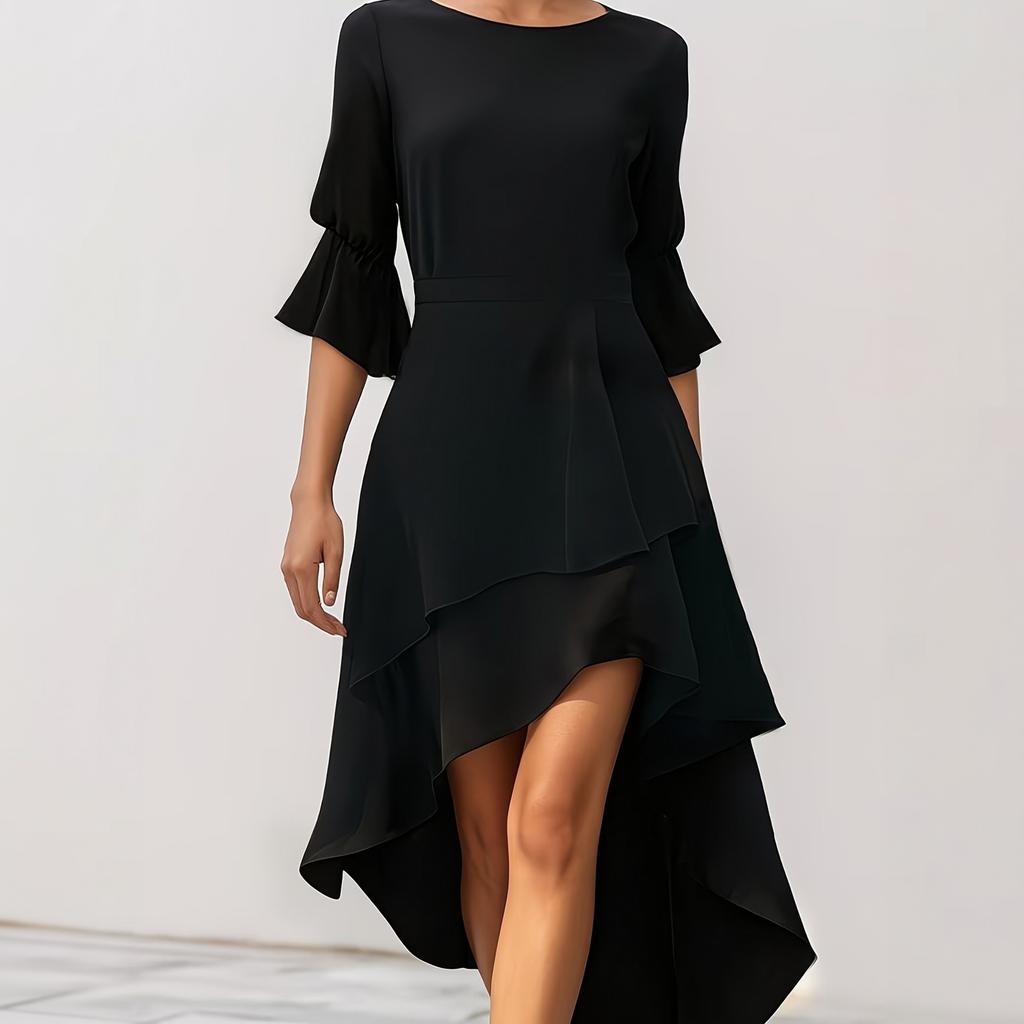 Women's Three-Quarter Sleeve Ruffle Hem Irregular Party Dress