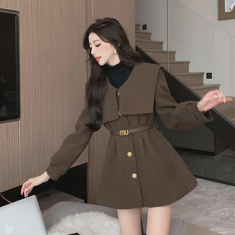 2024 Early Spring Women's Navy Collar Slim-Fit Mid-Length Coat
