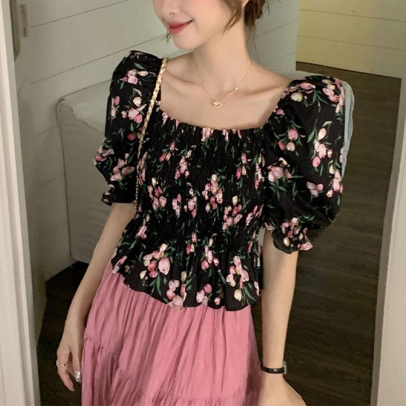 Broken Blouse French Style Puff Sleeve Summer New Sweet Slash Neck Stylish Shirring Slim Vintage Shirts