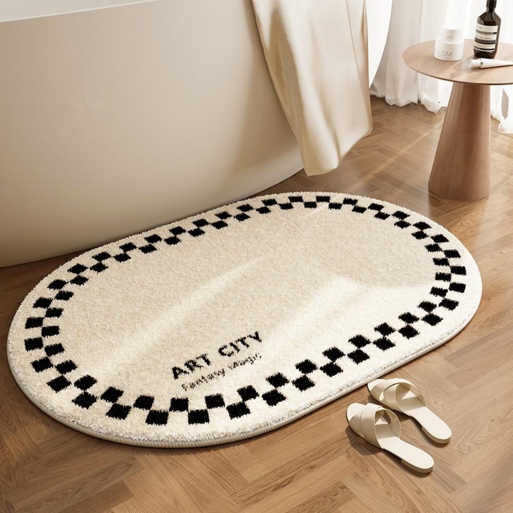 Kontrastgestreifter ovaler Hochflor-Teppich Badezimmer Flur Wasserabsorbierend Rutschfest Weicher Komfort Bodenmatte Wabi Sabi Heimdekoration