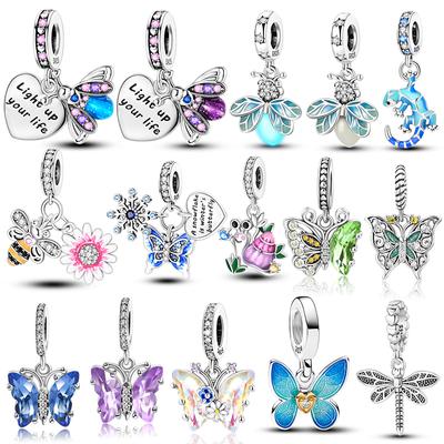 925 Sterling Silver Glow Firefly Butterfly Charms Fit Módní Originální náramky Dragonfly Bee Hmyz korálky Vlastní výroba šperků