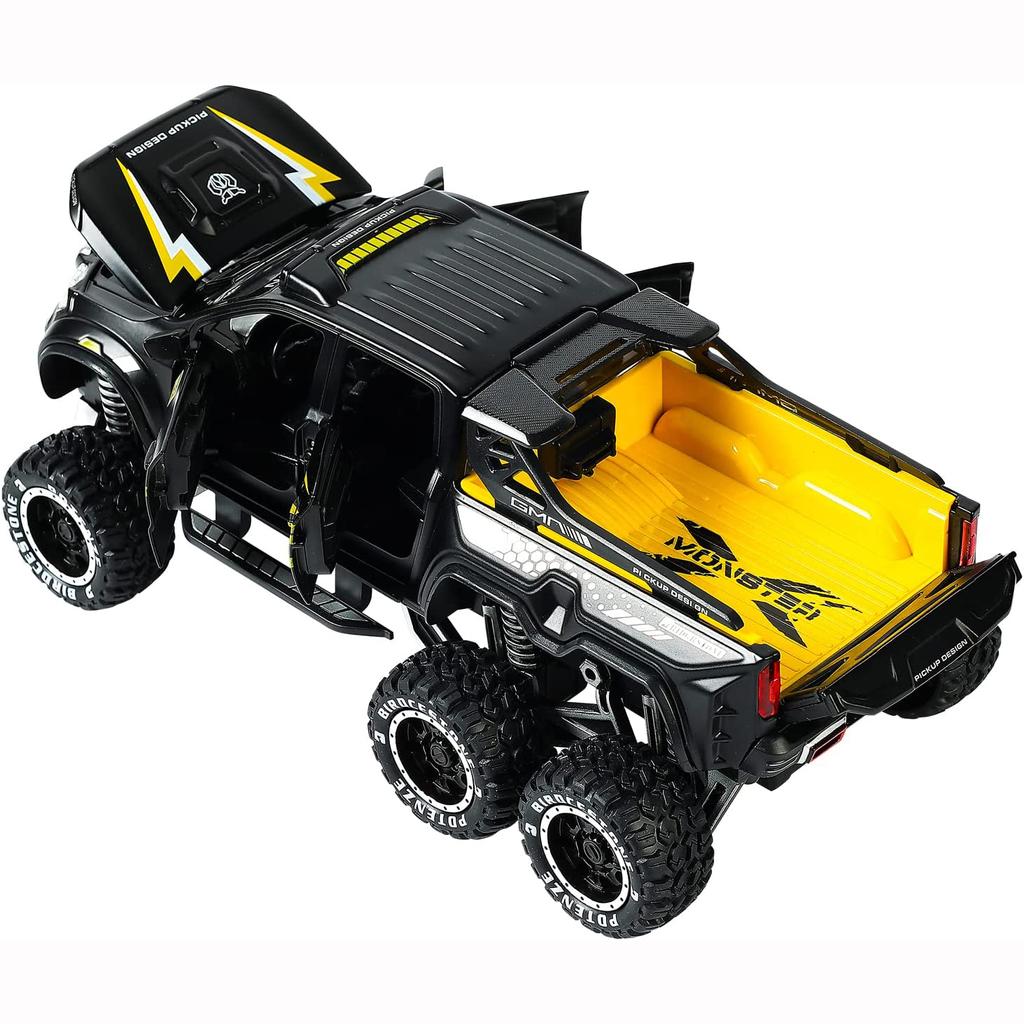 1/24-skala X-klasse 6x6 terrenggående DieCast Metal-modellbiler, pickup Monster Trucks Leketøy Remontert modellbil med lyd og lys for barn fra 3 år og oppover