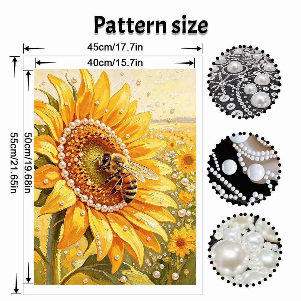 Sunflower and Bee Pattern 5D Pearl Painting Kit with Frame DIY Sparkling Bead Canvas Art Relaxing Craft for Home Wall Decor
