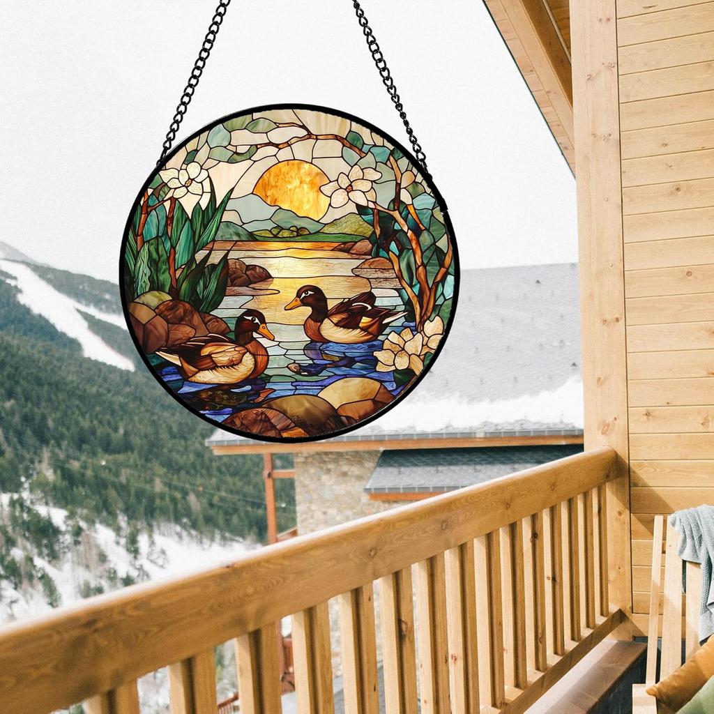 Stained Glass Window Hanging, Sunset Mountains Lake Tree Sun Catcher for Window Home Decor Landscape Suncatcher Mother's Day Birthday Gifts 7.8 in