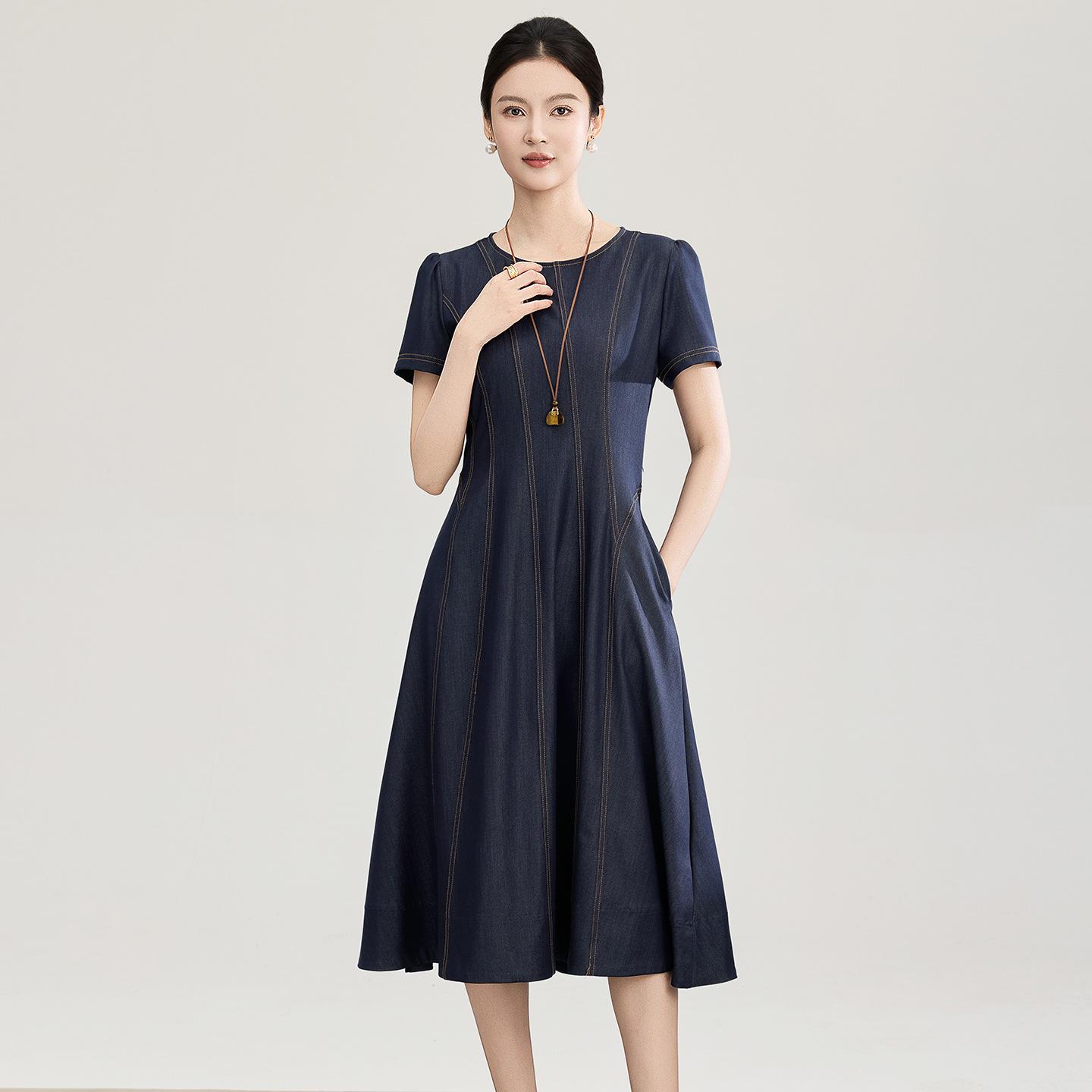 

High-Quality Tencel Cotton Retro Waist-Cinched Short-Sleeved Denim Dress for Spring/Summer. Large темно-синий