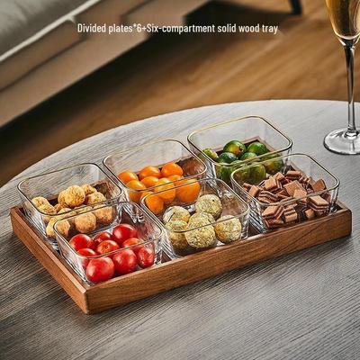 HANDUNYOU Gold Rim 6-Compartment Ceramic Snack & Fruit Plate with Wooden Tray