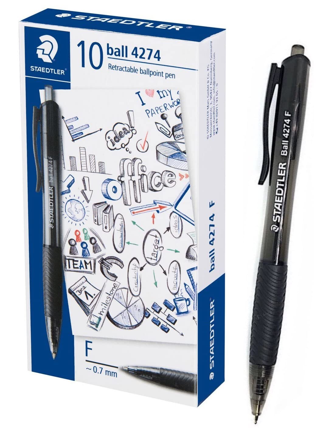 

STAEDTLER Выдвижная шариковая ручка, 0,7 мм (F), Черные чернила, упаковка 10 штук, ball4274 [Параллельный импорт]