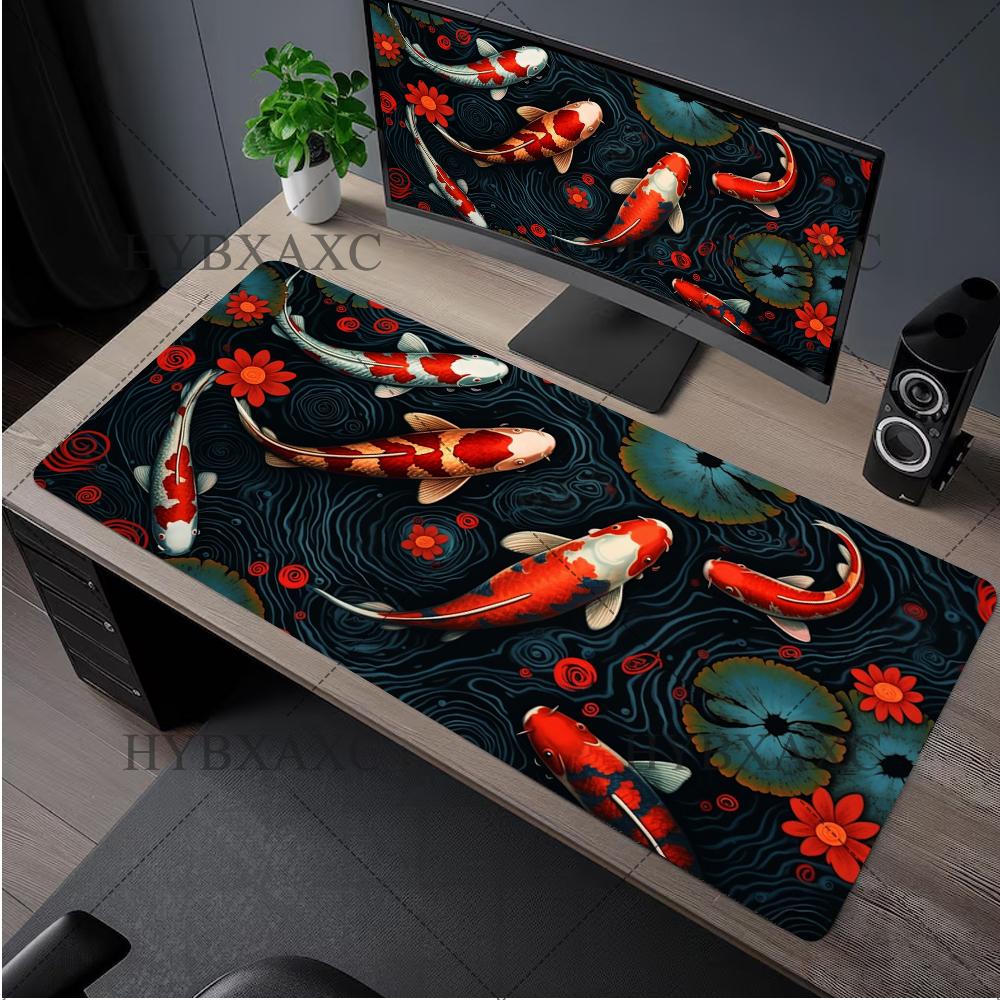 Japanese Desk Mat Black  White Mouse Pad Koi Fish Japan Art Seal Yinyang Fish Large XL Gaming Deskmat Rubber Mousepad X