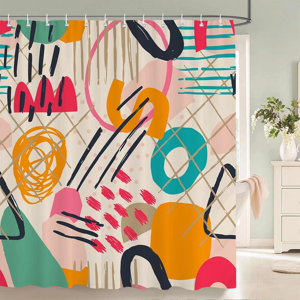 Abstract Bohemian Shower Curtain Medieval Minimalist Art Polyester Fabric Shower Curtain Bathroom Decoration Curtain with Hooks