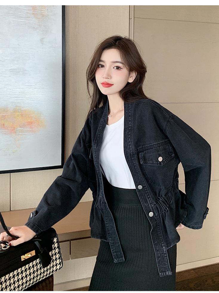 2024 Korean Style Black V-Neck Denim Jacket - Loose Fit, Two-Button, Short Length
