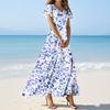 Women's Summer Floral Print V Neck Short Sleeve Maxi Dress Flowing A-Line Maxi Dress Bohemian Holiday Beach Dress
