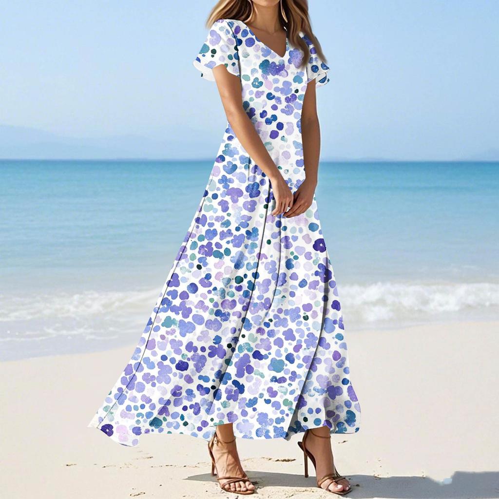 Women's Summer Floral Print V Neck Short Sleeve Maxi Dress Flowing A-Line Maxi Dress Bohemian Holiday Beach Dress