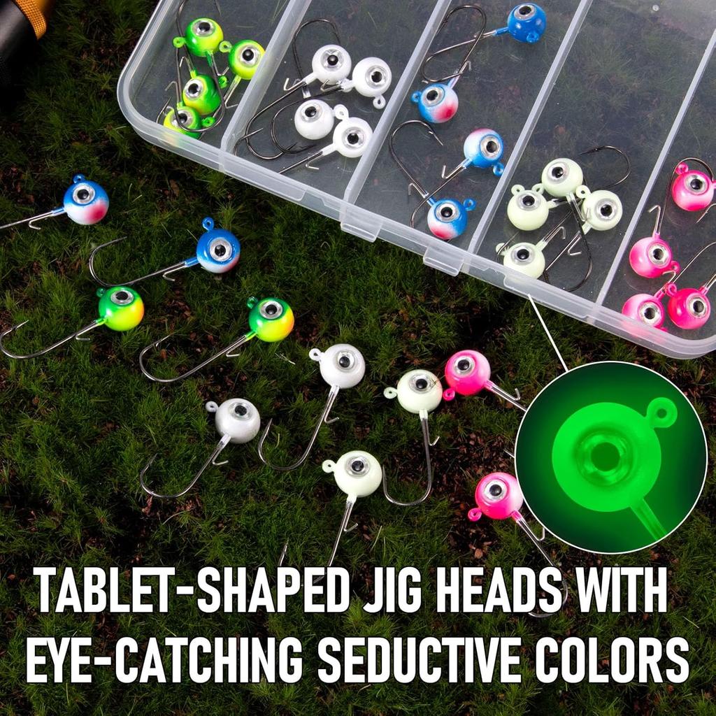 Alownder 20-Pack Fishing Walleye Jig Heads with 3D Holographic Eyes, Round Jig Heads Saltwater Freshwater Walleye jigs Live Bait jigs Bass Trout