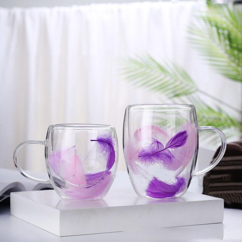 250/350ml Creative Feather Double Wall Glass Cup With Handle Espresso Cups Milk Latte Cappuccino Tea Water Couple Mug Gift