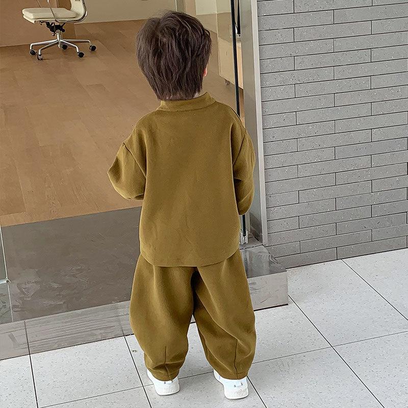 Conjunto de Dos Piezas para Bebé Niño Abrigo Infantil Color Sólido Estilo Chino Top y Pantalones Casuales