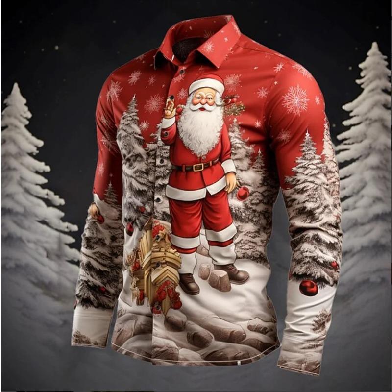Christmas Theme Men Casual Long Sleeve 3D Star Printed Street Party Long Sleeve Soft and Comfortable Shirt Santa
