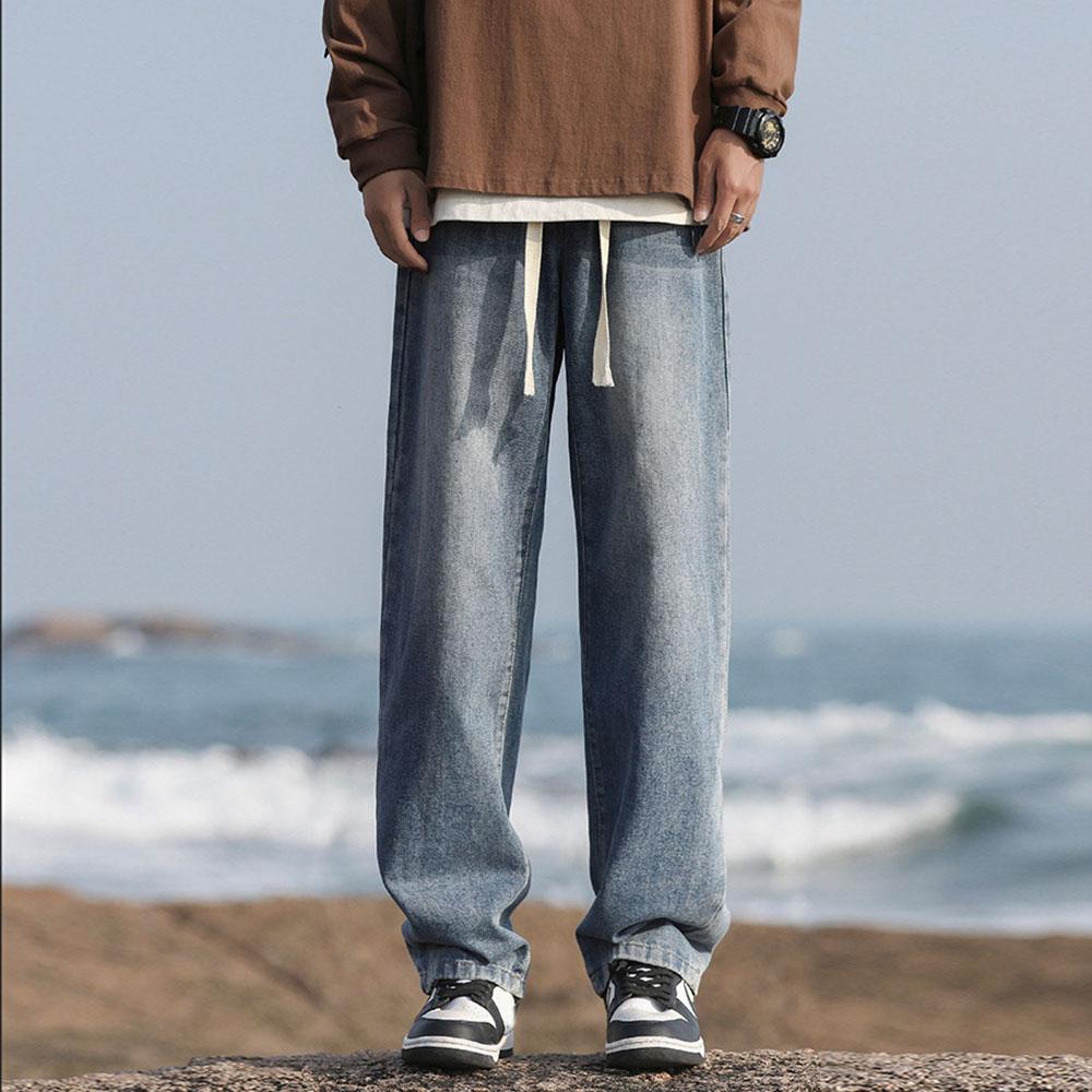 Men's Cotton Vintage cat whiskers Washing Denim Jeans Drawstring Baggy Wide leg Pants Streetwear Sweatpants Track Pants Trousers
