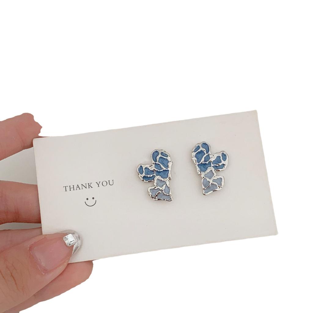 S925 Silver Needle Retro Style Irregular Blue Love Stud Earrings High Sense Trendy Earrings Contrasting Color Personalized Earrings