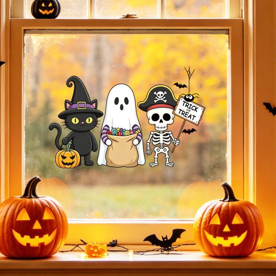 Static Glass Sticker, No Residue Reusable Window Clings, Festive Glass Decal with Halloween Dwarf Wizards Black Cats Ghosts Skeletons Pattern