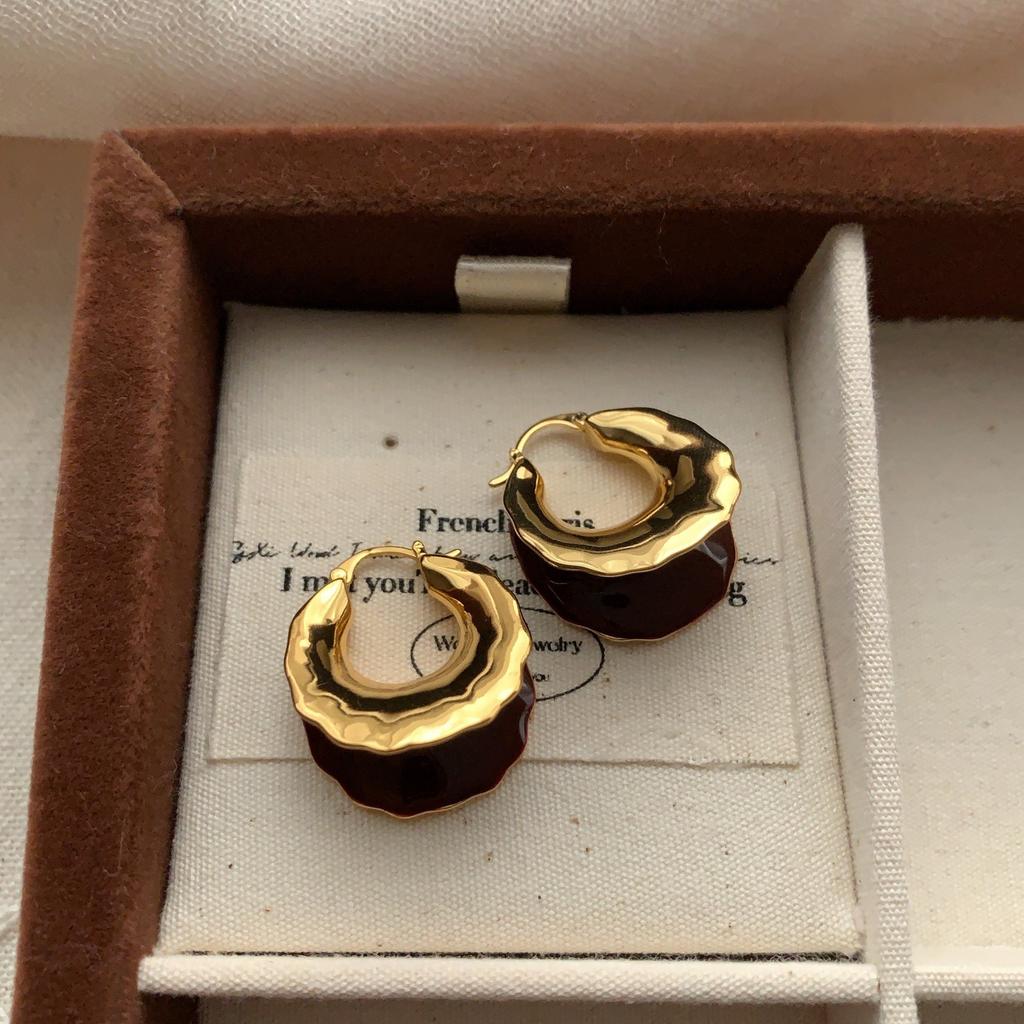 Black Gold Enamel Oil Drop C-Shaped Color Matching Earrings Light Luxury High Sense Fashion Rhombus Earrings Commuter Women