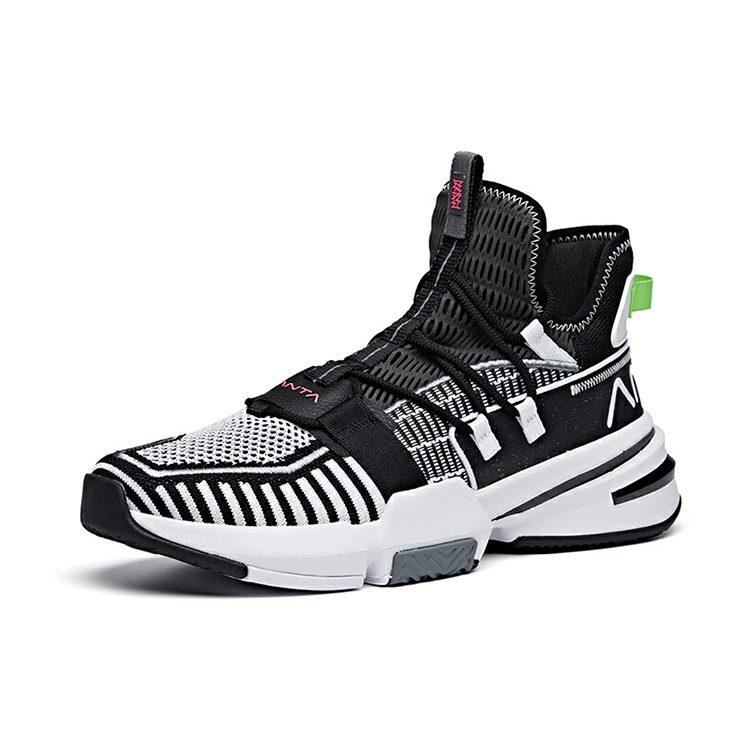 Anta Frivolous Series Cushioning, Wear Resistant Mid Top Basketball Shoes Men's Black White 112021609-3
