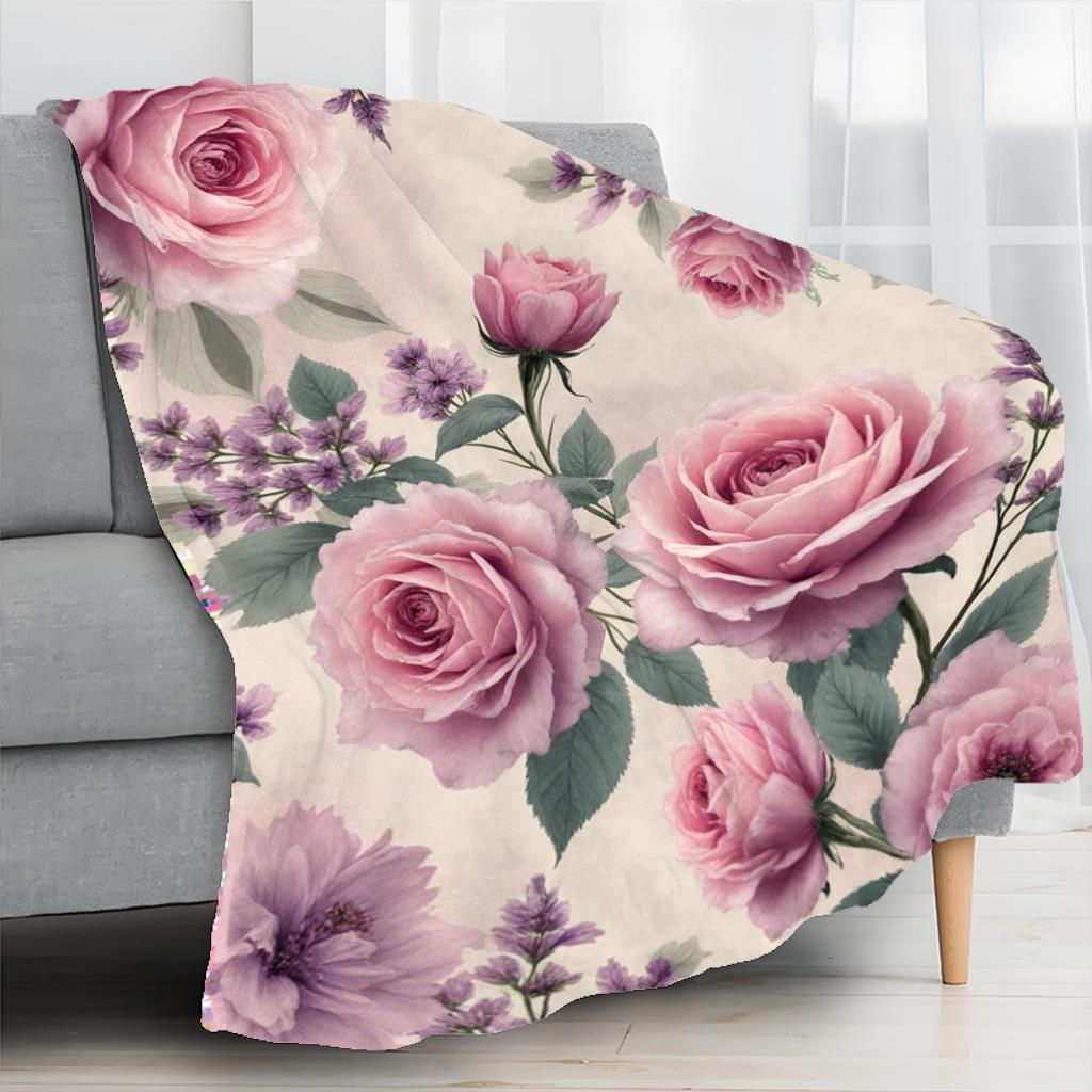 Pink Rose Floral Blanket Vintage Botanical Design With Lavender And Green Leaves Soft Fleece Throw For Bedroom Decor