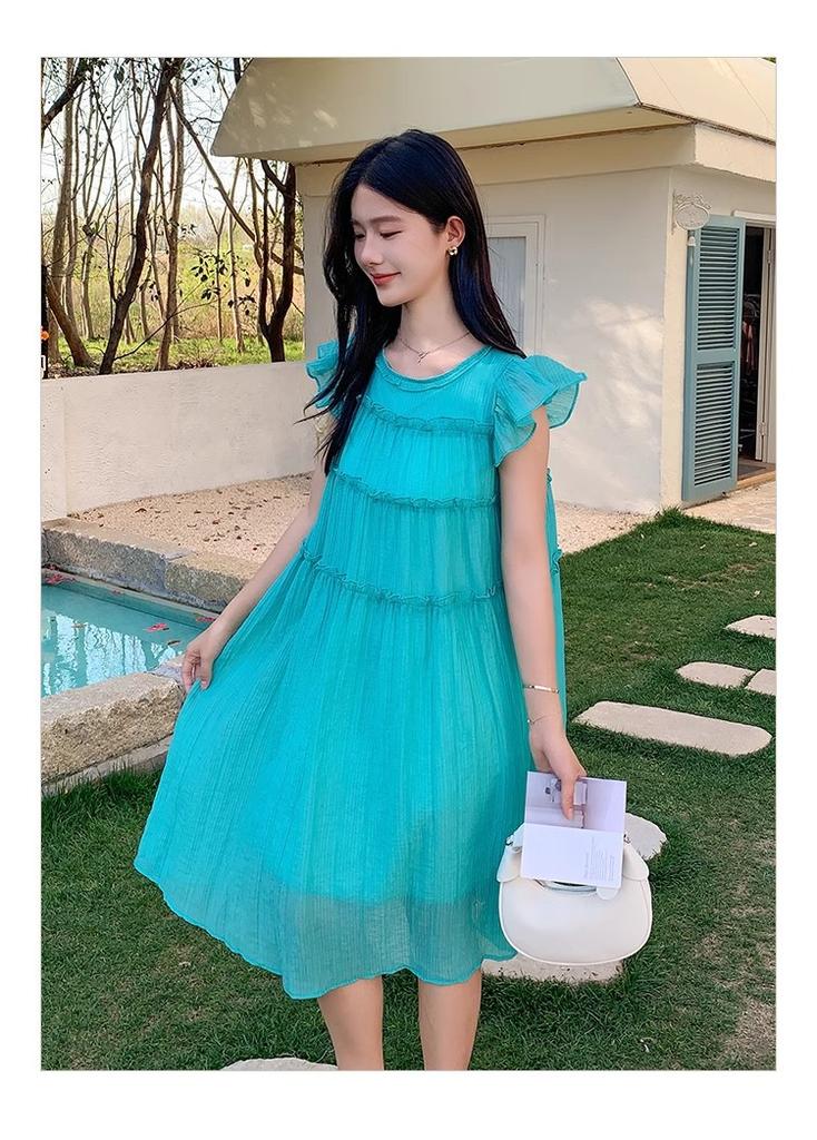 Coffee Break French Blue Small Flying Sleeve Dress Women's Summer Sense Dopamine Seaside Resort Beach Long Skirt