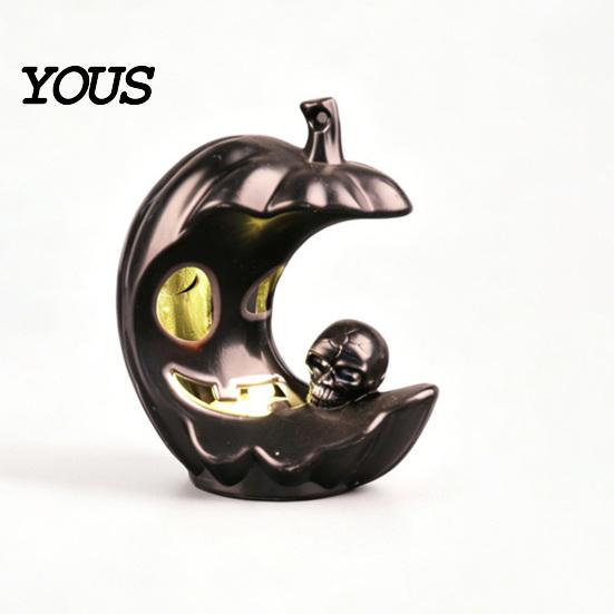 Detailed Ghost Face Decor LED Light-Up Halloween Pumpkin Moon Figurine, Spooky Crescent Skull Decoration Night Light for Home Desktop Shelf