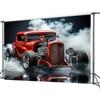Classic Car-themed Photography Background Cloth - 1 Piece, Retro Vehicle and Smoke Party Background, Home Cake Table Decoration