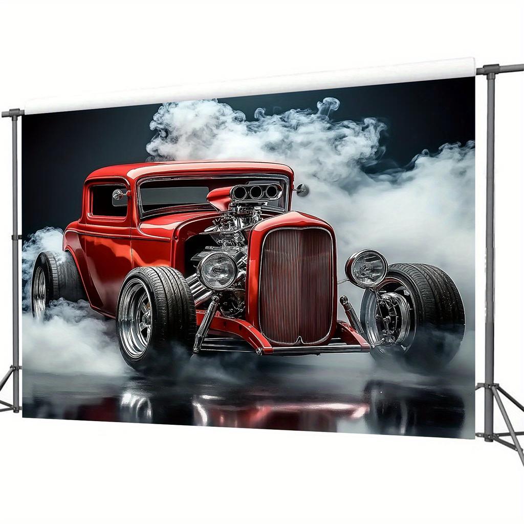Classic Car-themed Photography Background Cloth - 1 Piece, Retro Vehicle and Smoke Party Background, Home Cake Table Decoration