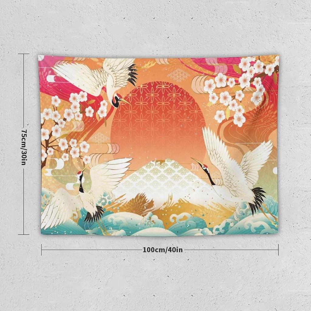 Japanese Tapestry Cherry Blossom Crane Sea Wave Fuji Mountain Red Sun Pattern Printed Wall Tapestry Painting Wall Hanging for