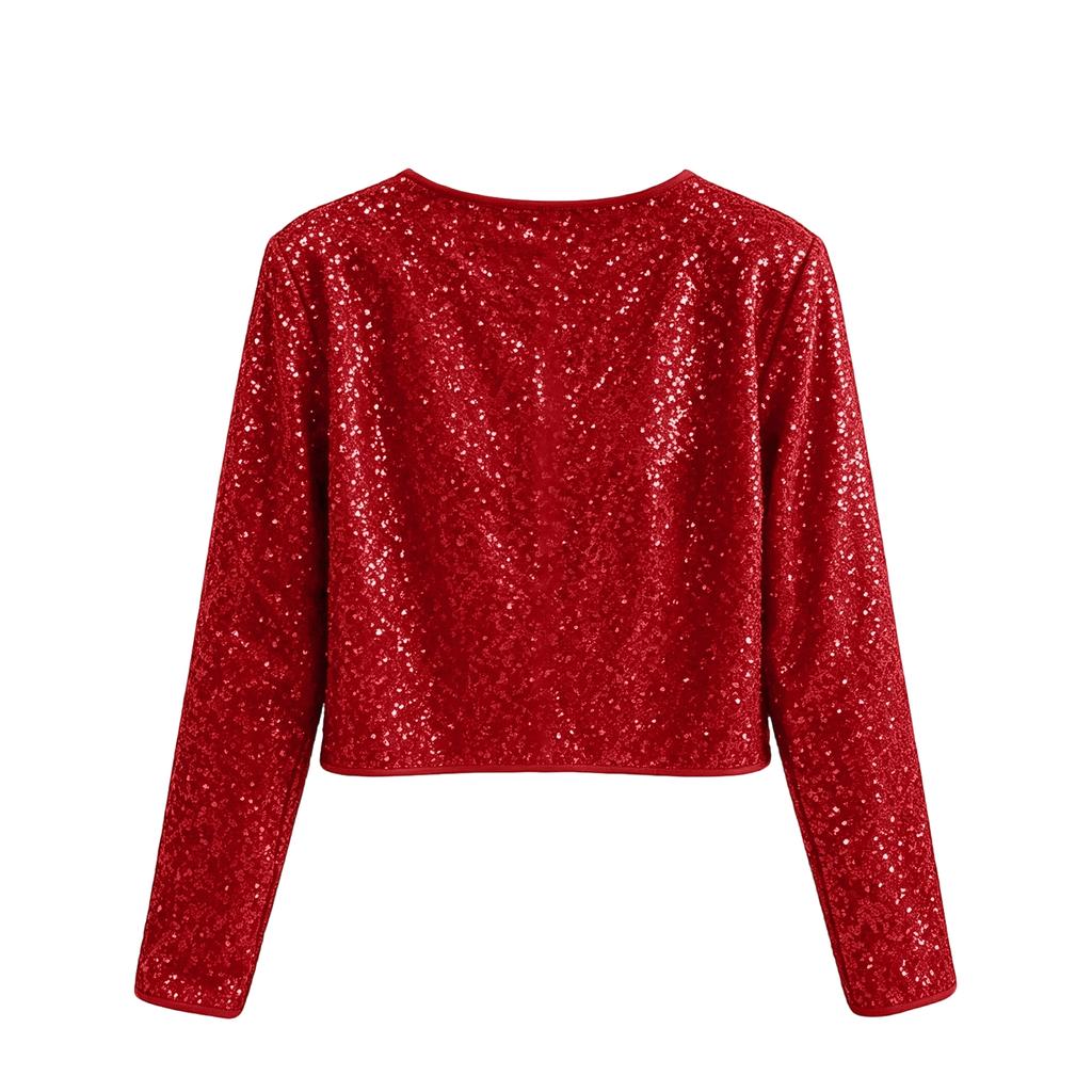 Women's Long Sleeve Sequin Cardigan Jacket, Round Neck Color Party Outerwear
